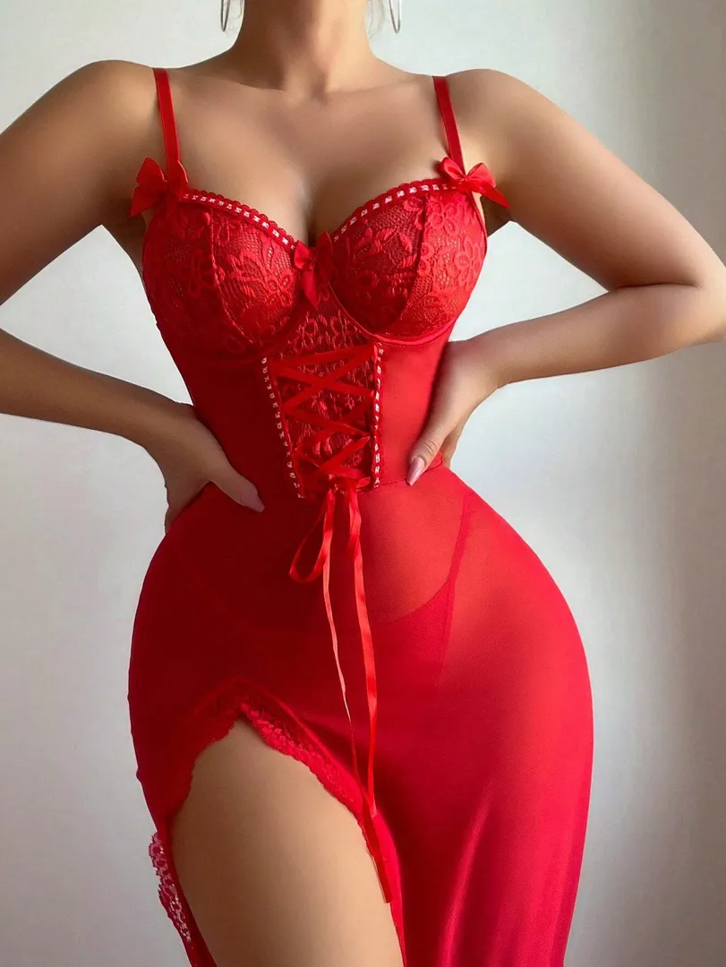 Conjunto Feminino com Vestido Longo em Renda e Tule com Fenda e Calcinha Fio Dental, Estilo Sexy e Elegante para Noite e Eventos — photo 5