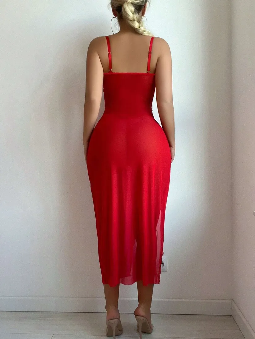 Conjunto Feminino com Vestido Longo em Renda e Tule com Fenda e Calcinha Fio Dental, Estilo Sexy e Elegante para Noite e Eventos — photo 2