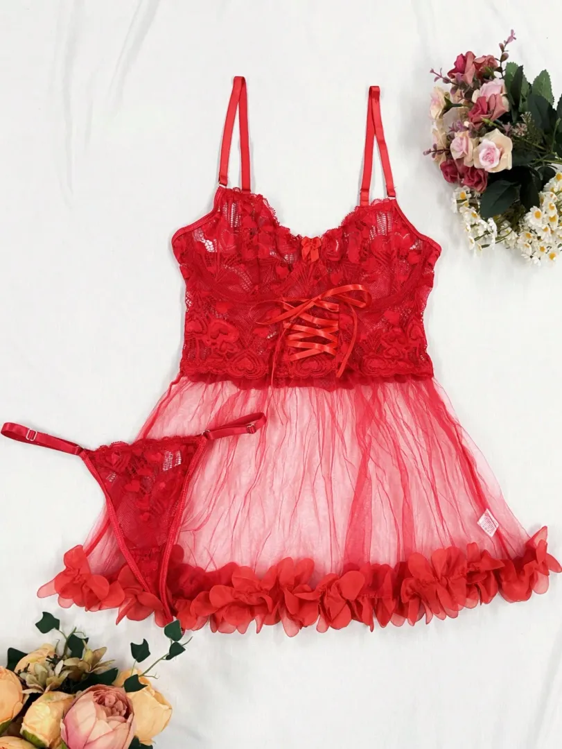 Conjunto de Lingerie Feminino com Babydoll em Renda e Tule, com Aro e Calcinha Fio Dental, Estilo Sexy e Elegante — photo 6