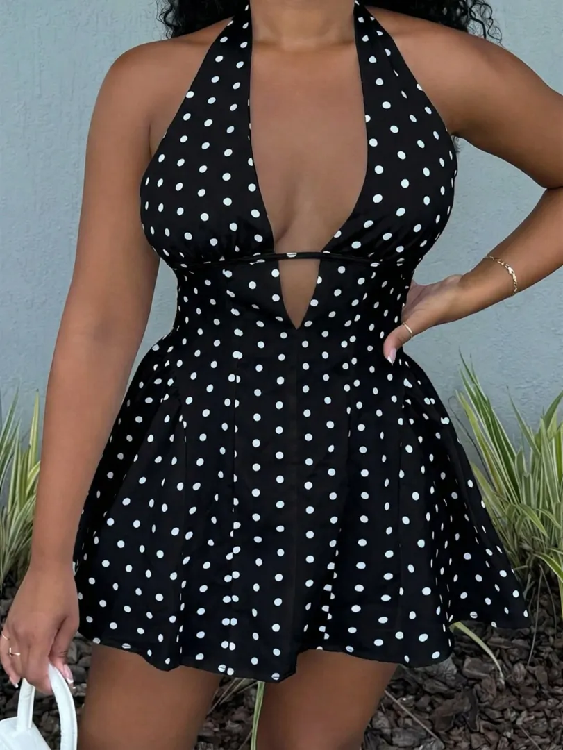 Vestido Feminino Curto com Estampa de Poá, Decote em V e Costas Abertas, Estilo Sexy e Moderno - foto 3