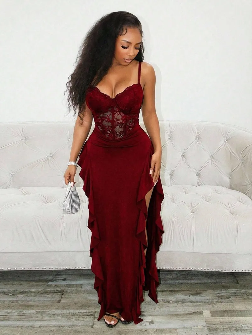 Vestido Feminino Longo Vermelho em Malha com Fenda na Perna e Barra Assimétrica, Estilo Elegante para Festas e Ocasiões Especiais - foto 4