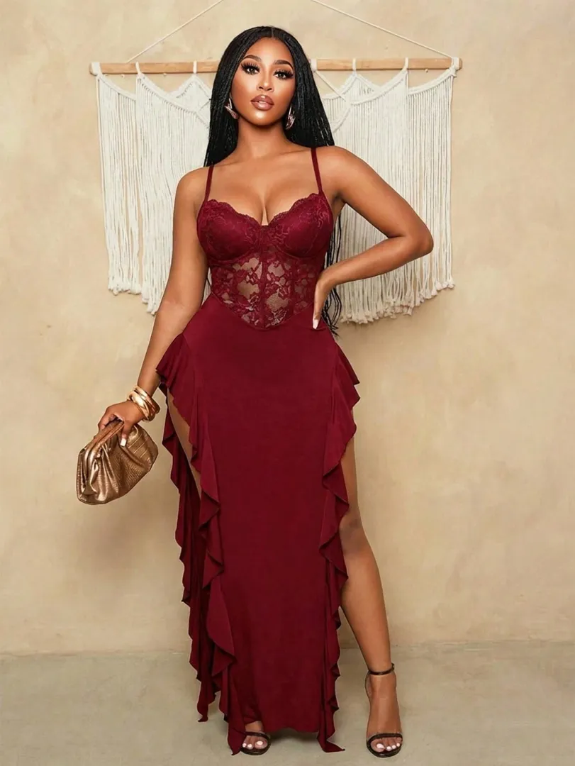 Vestido Feminino Longo Vermelho em Malha com Fenda na Perna e Barra Assimétrica, Estilo Elegante para Festas e Ocasiões Especiais - foto 3