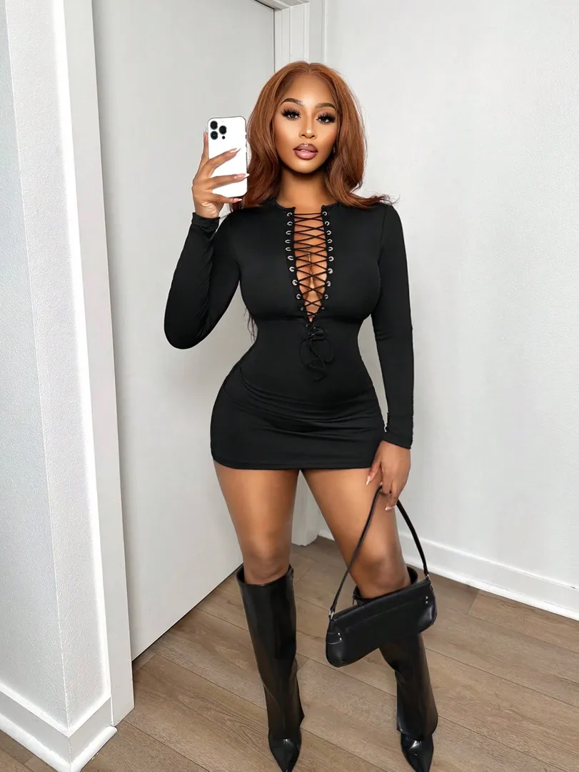 Vestido Feminino Curto Justo com Detalhe Lace-Up e Recortes Vazados, Estilo Sexy para Festas e Noite - foto 3
