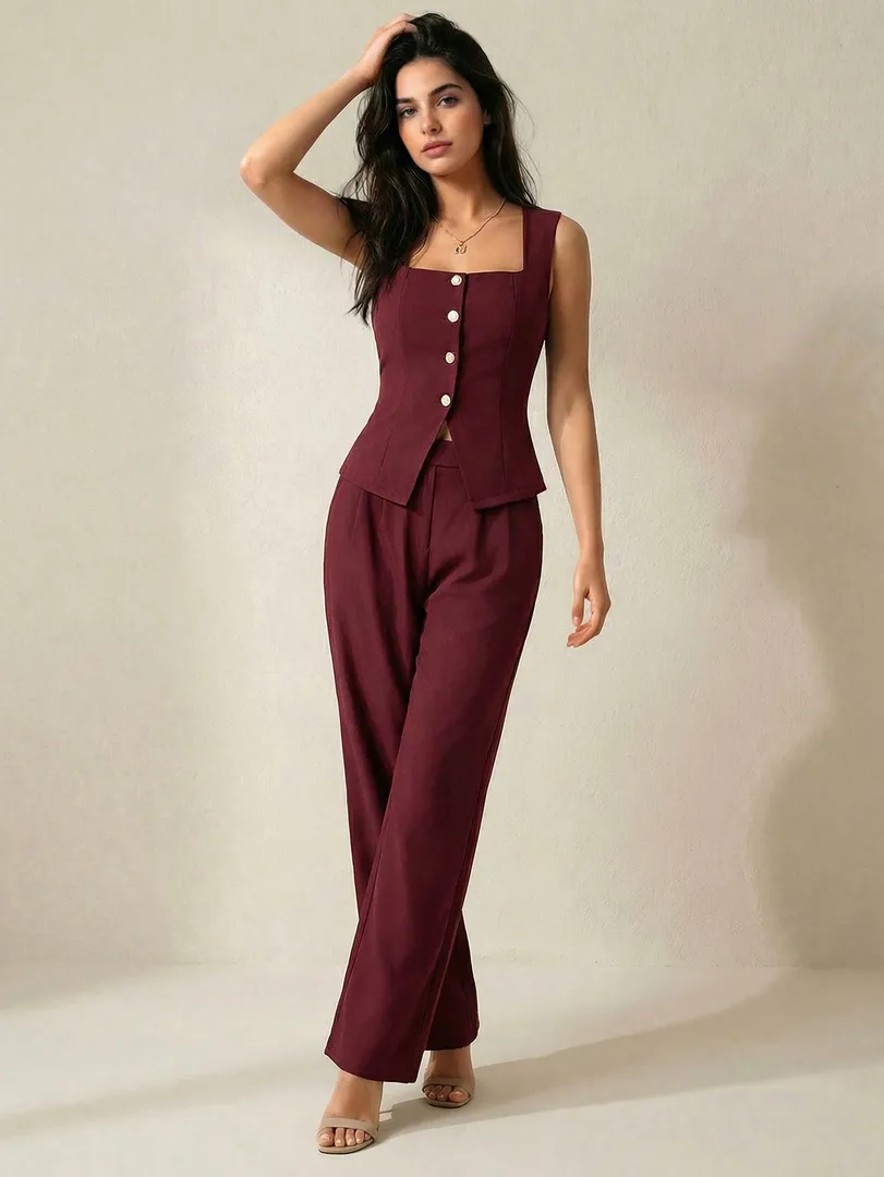 Conjunto Bordô com Top de Decote Quadrado e Calça Elegante - foto 2