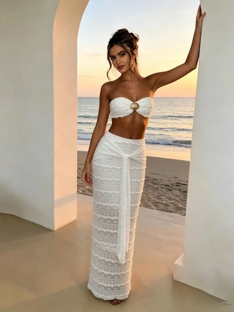 Conjunto Branco com Top Rendado e Saia com Fenda - foto 2