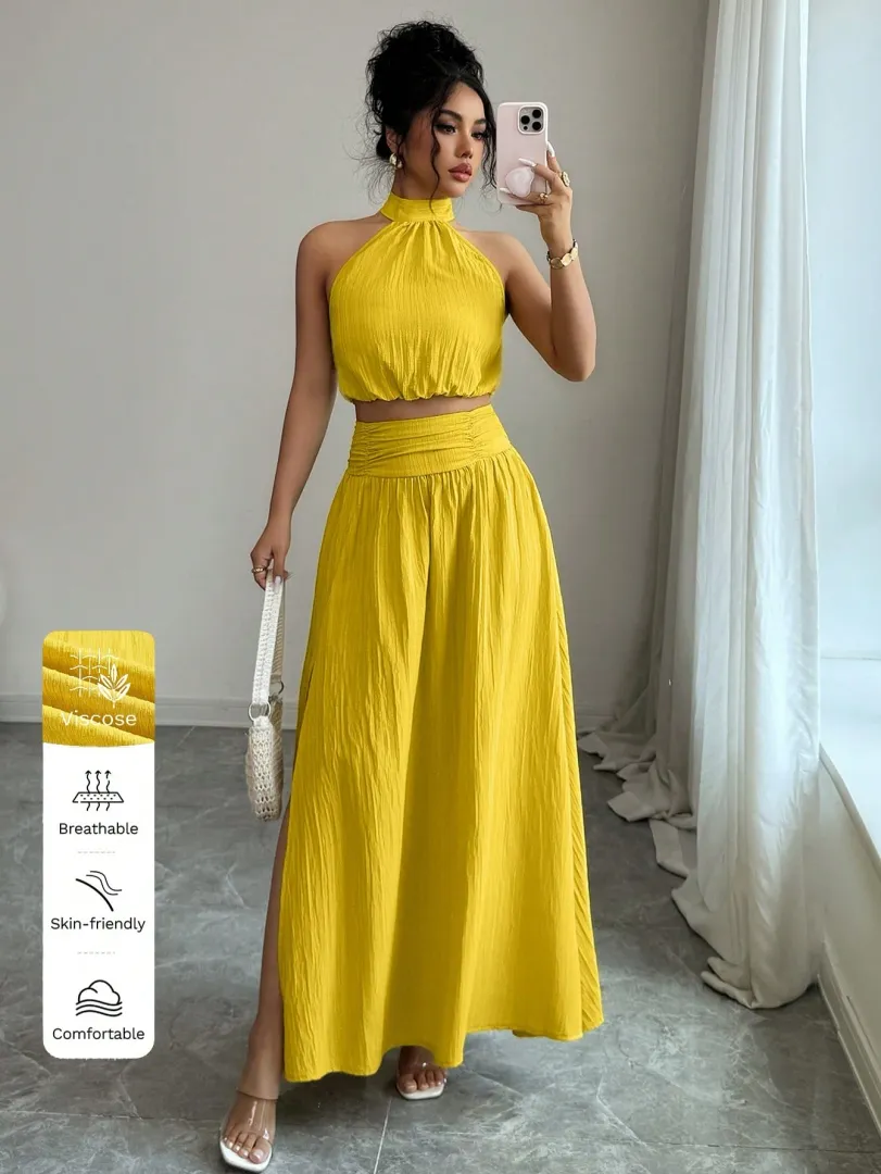 Conjunto Amarelo com Top Frente Única e Saia Longa com Fenda - foto 3
