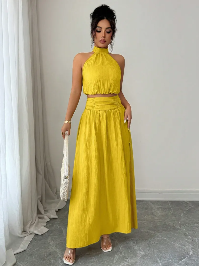Conjunto Amarelo com Top Frente Única e Saia Longa com Fenda - foto 5