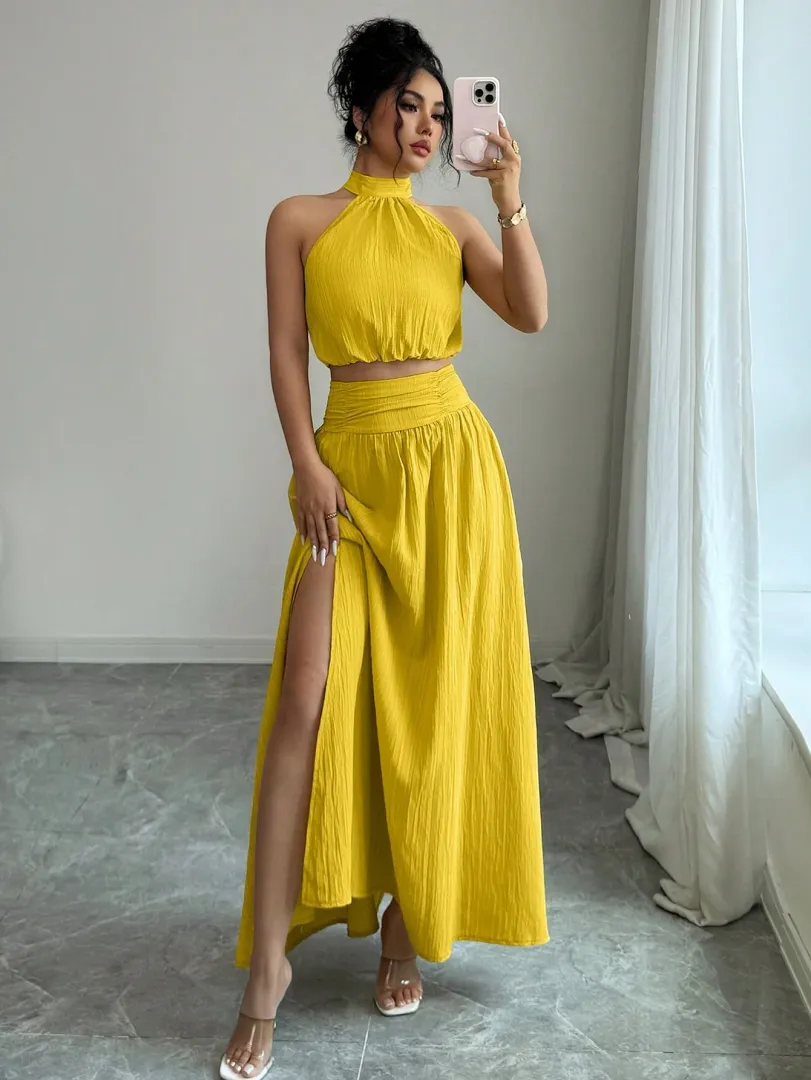 Conjunto Amarelo com Top Frente Única e Saia Longa com Fenda - foto 4