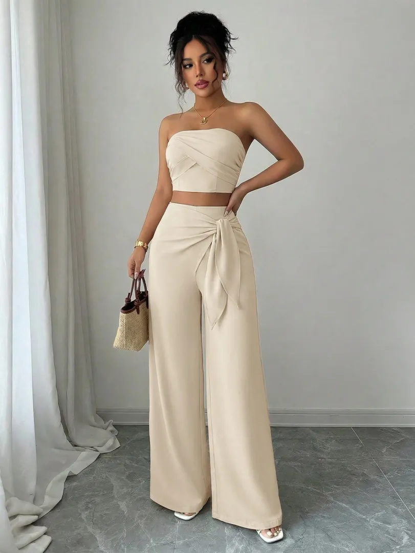 Conjunto Bege com Top Frente Única e Calça Pantalona - foto 4