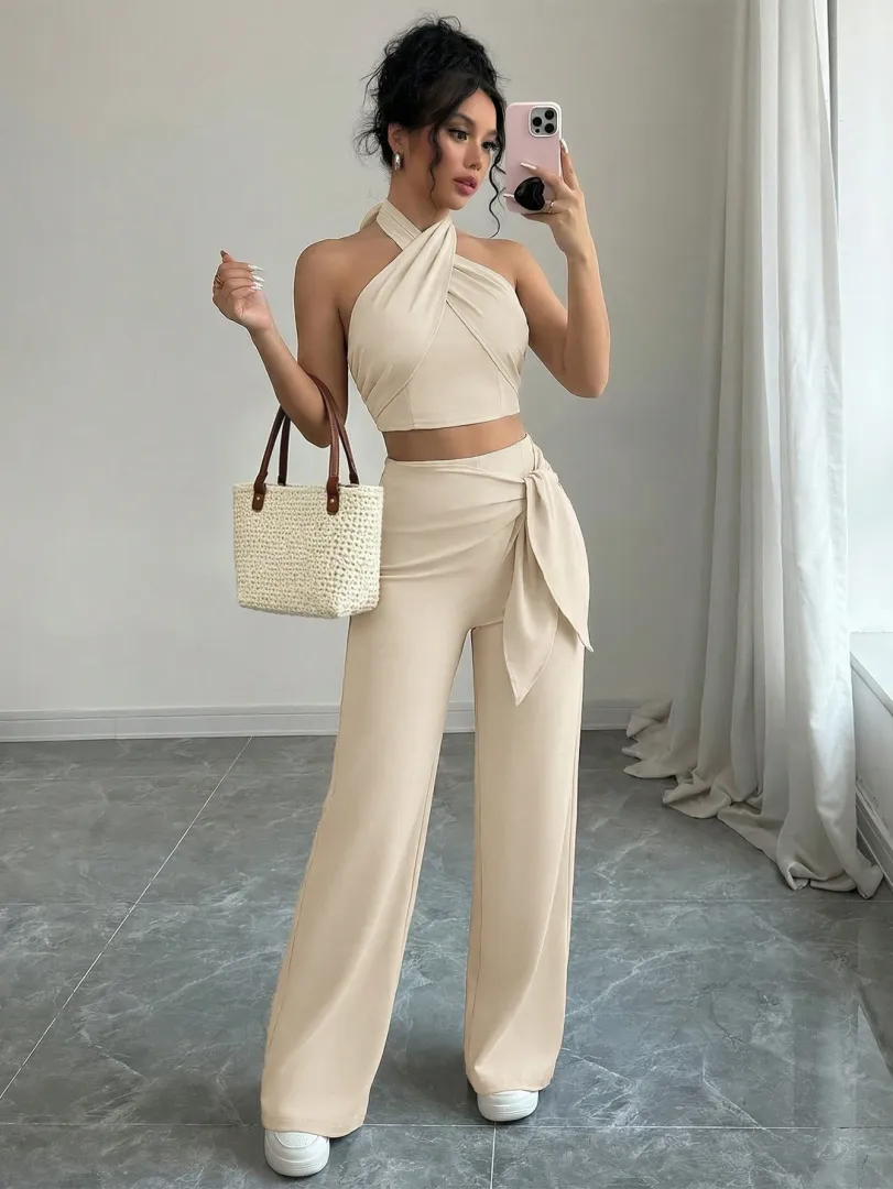 Conjunto Bege com Top Frente Única e Calça Pantalona - foto 3