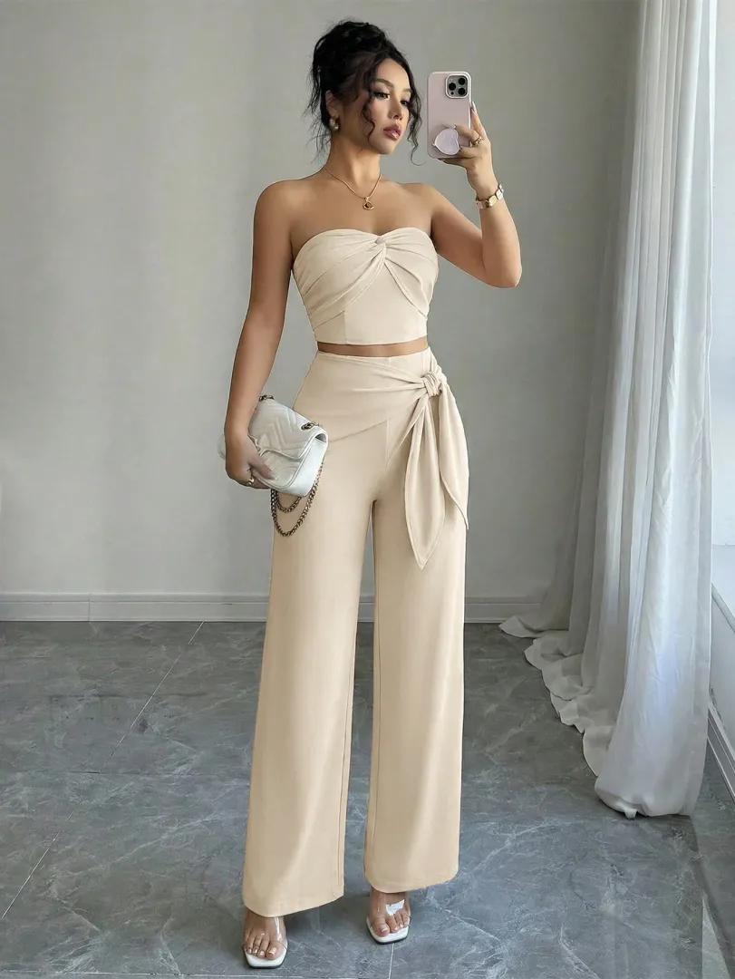 Conjunto Bege com Top Frente Única e Calça Pantalona - foto 5