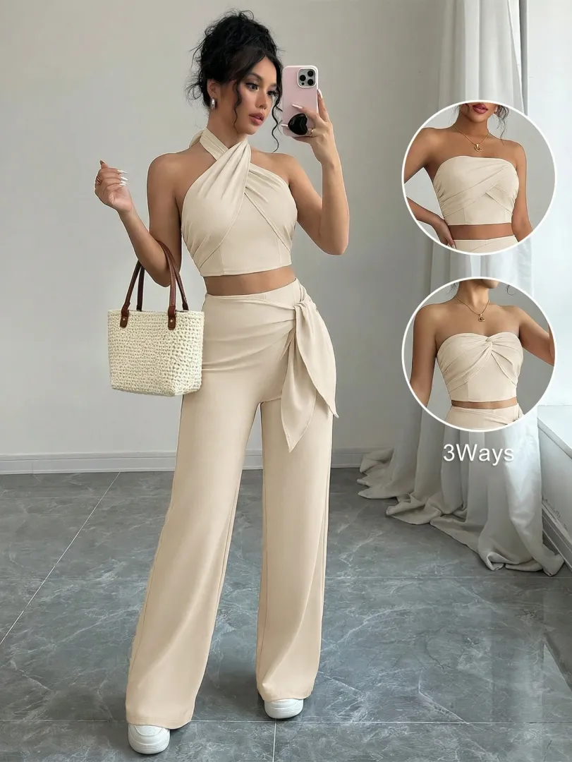Conjunto Bege com Top Frente Única e Calça Pantalona