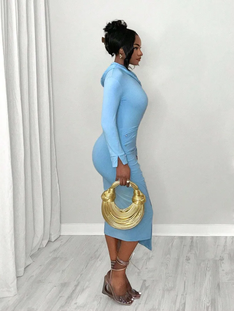 Vestido Azul Midi com Decote Assimétrico e Manga Longa - foto 3