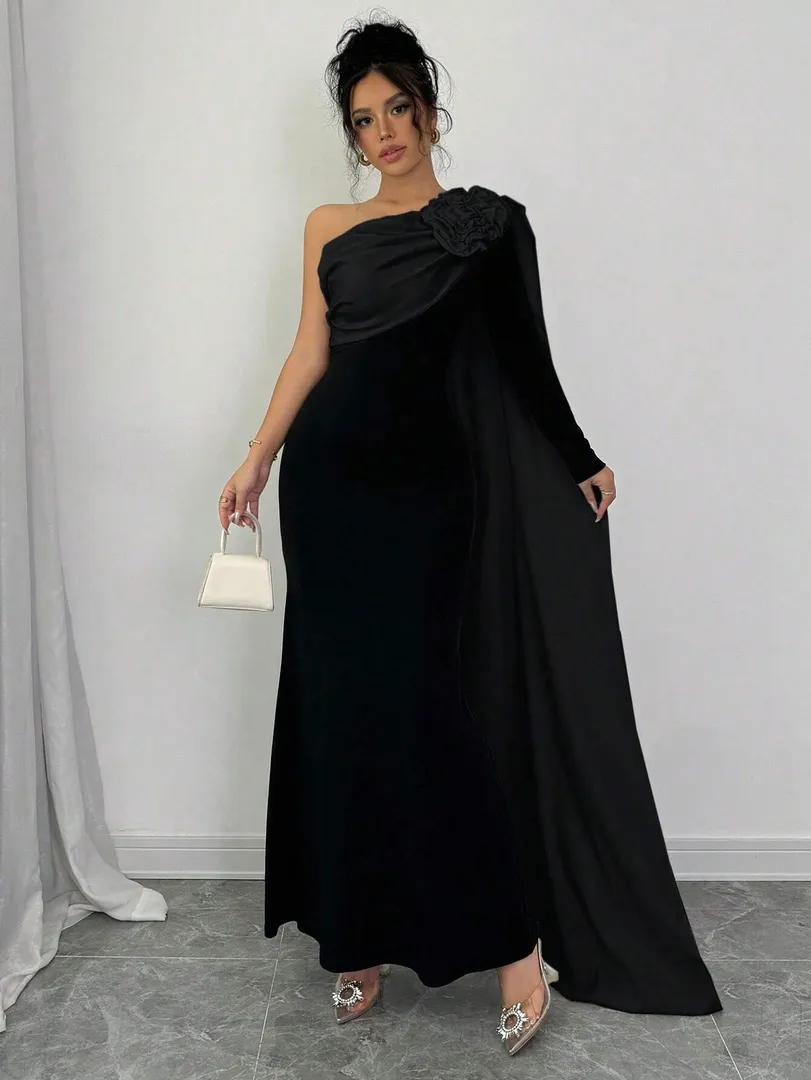 Vestido Longo com Flor 3D e Ombro Único - foto 4