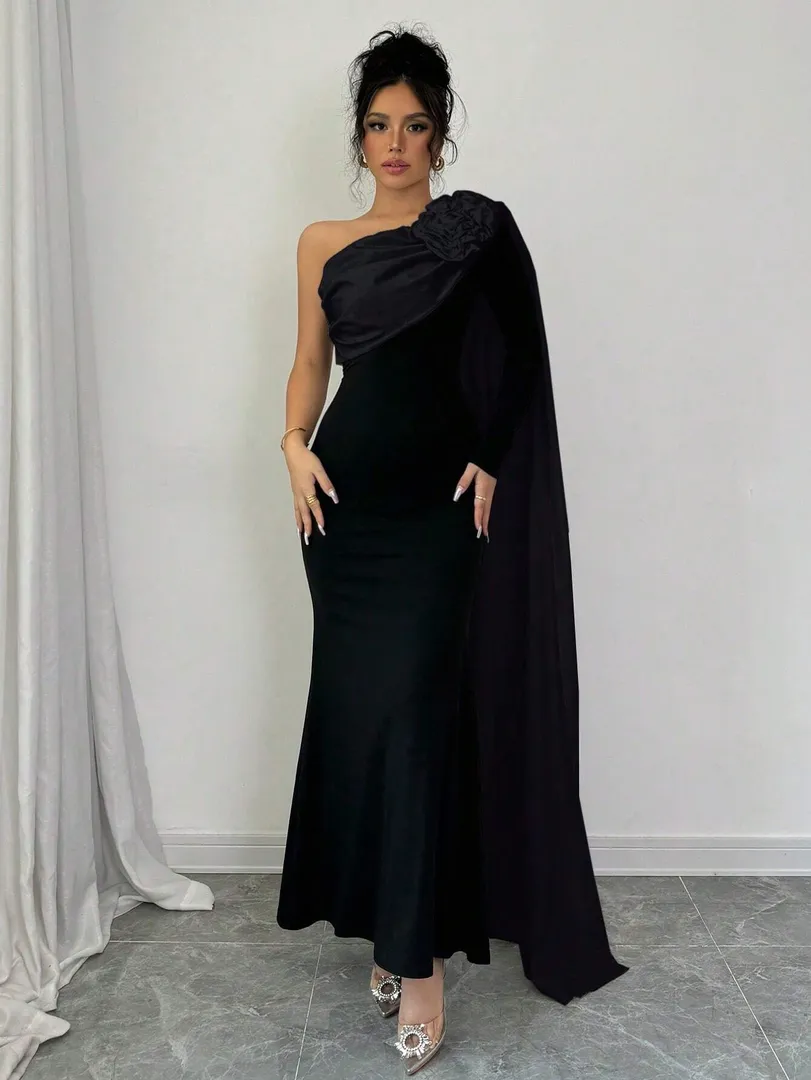 Vestido Longo com Flor 3D e Ombro Único - foto 3
