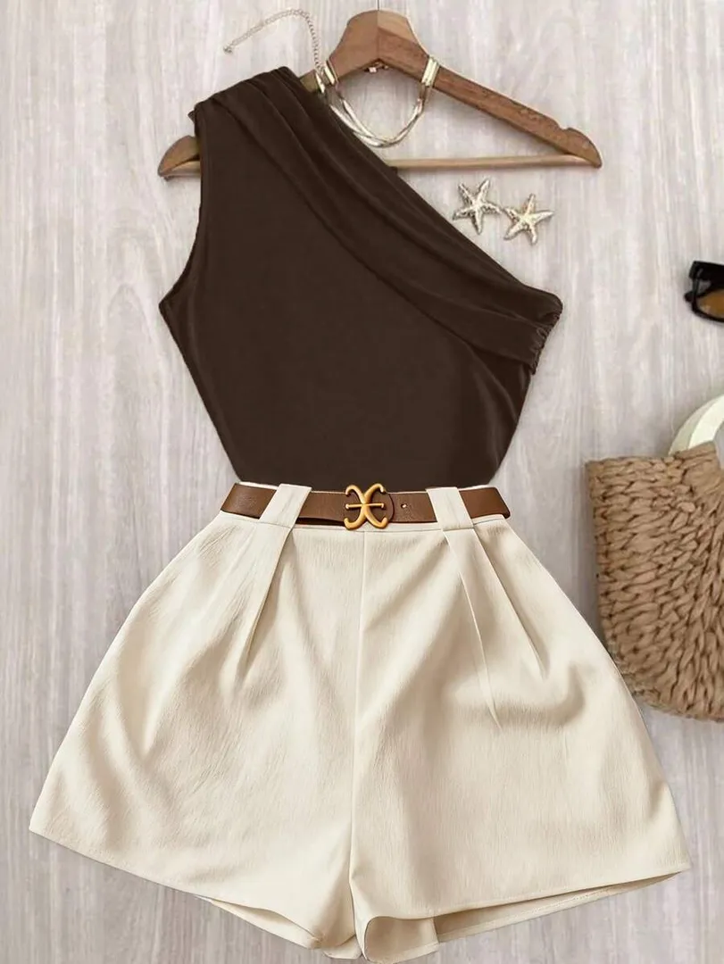 Conjunto Marrom com Blusa Plissada e Calça Branca