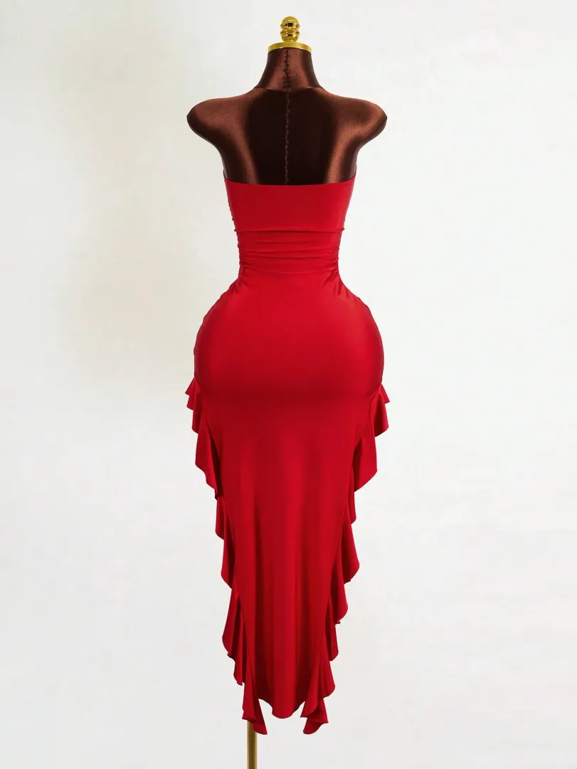 Vestido Vermelho com Flor 3D e Barra Assimétrica - foto 6