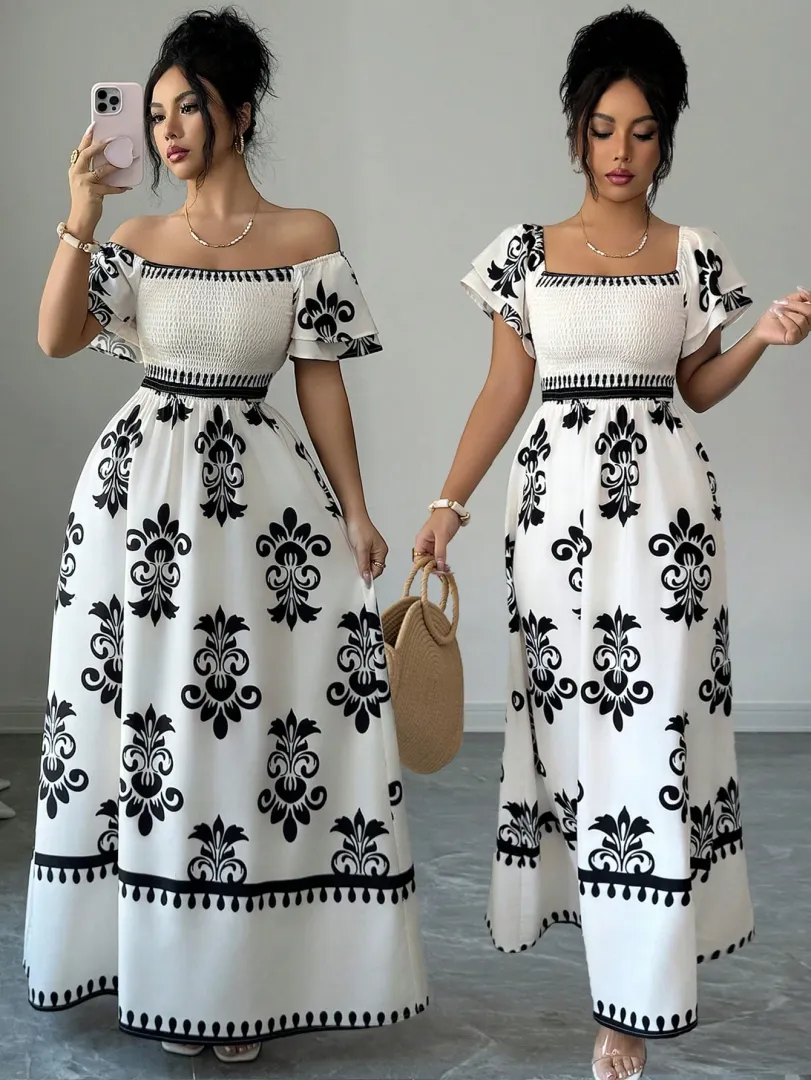 Vestido Boho Estampado com Gola Quadrada