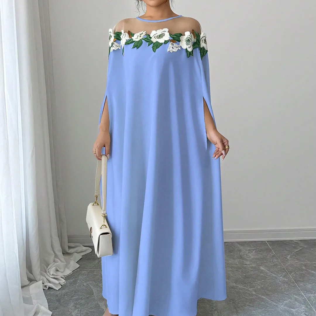 Vestido Floral com Alças Finas Estilo Francês - cor Azul
