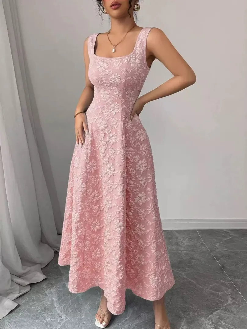 Vestido Longo Jacquard com Gola Quadrada - cor Rosa
