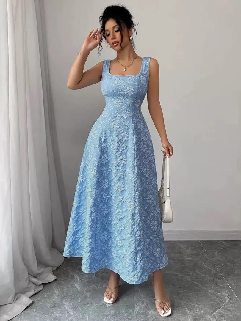 Vestido Longo Jacquard com Gola Quadrada - foto 1