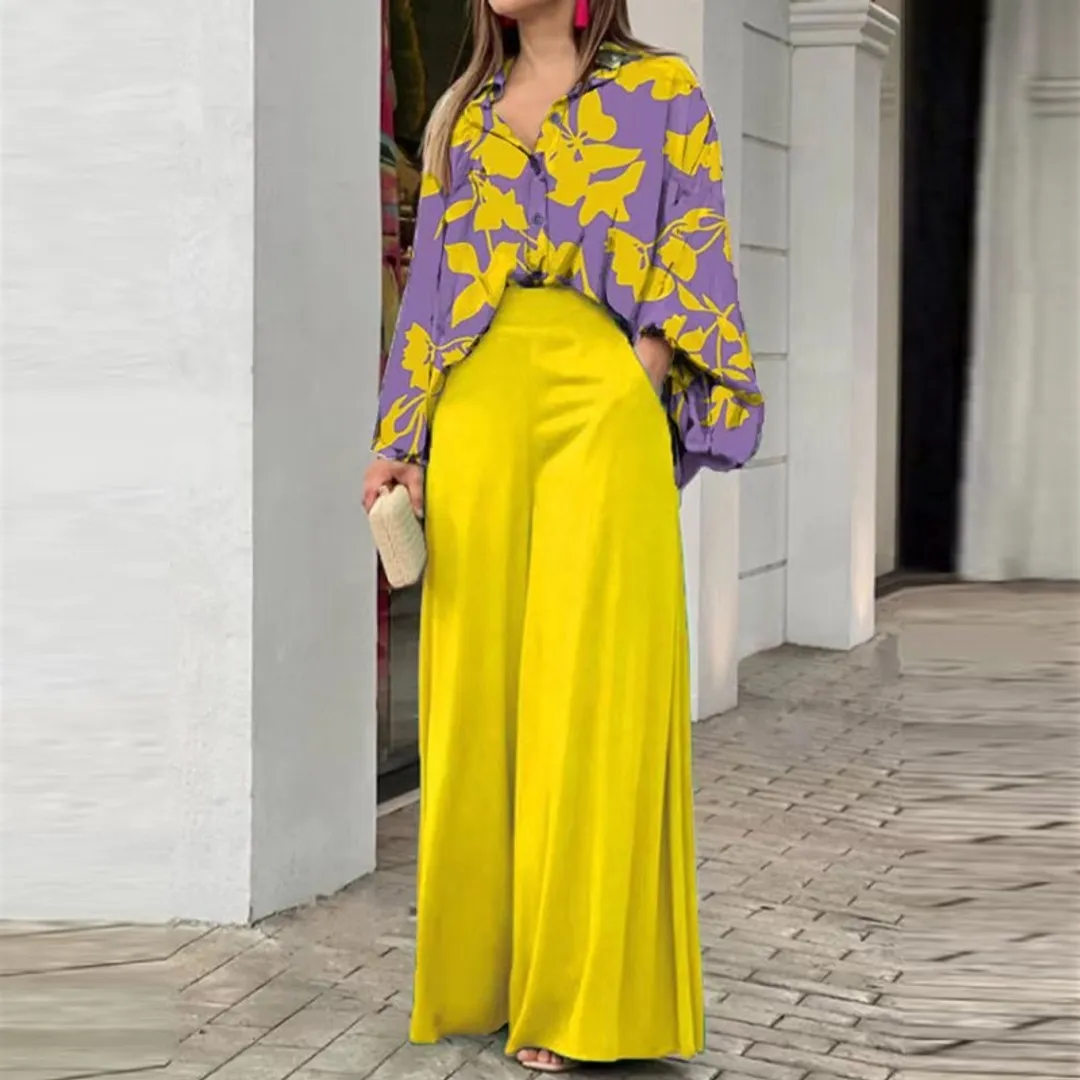 Conjunto Feminino com Camisa Estampada e Calça Pantalona - cor Amarelo