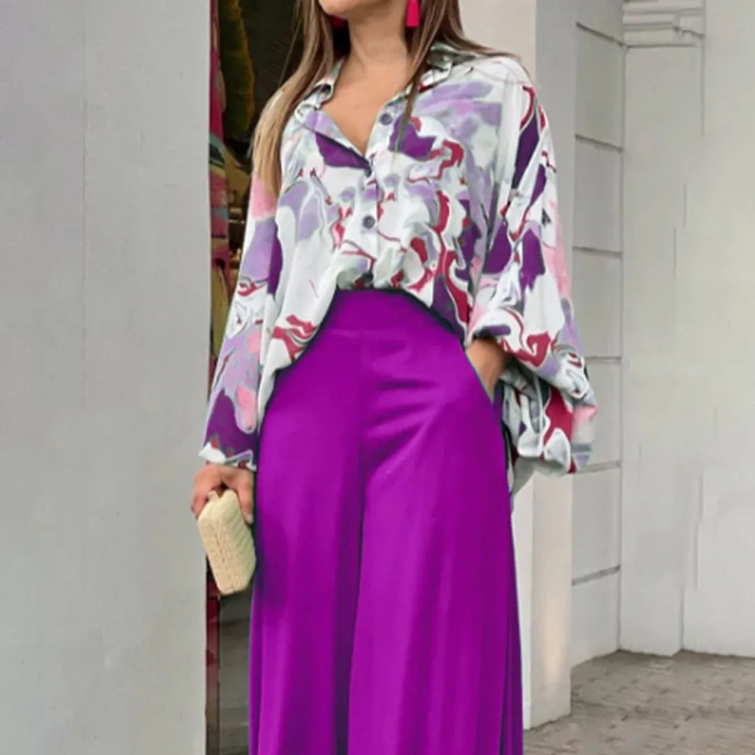 Conjunto Feminino com Camisa Estampada e Calça Pantalona - cor Roxo