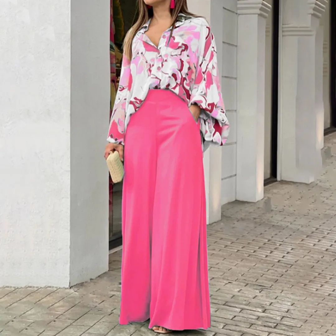 Conjunto Feminino com Camisa Estampada e Calça Pantalona - cor Rosa