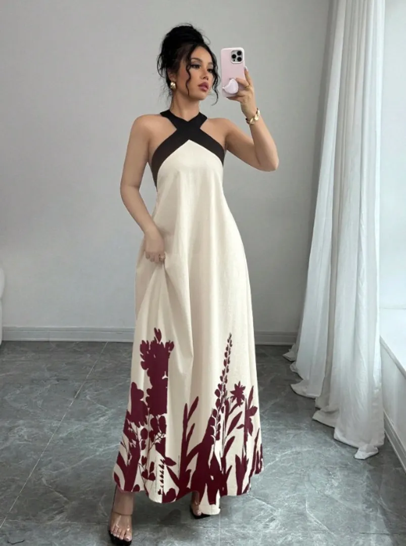 Vestido Longo Estampado com Decote Halter e Costas Abertas - foto 4