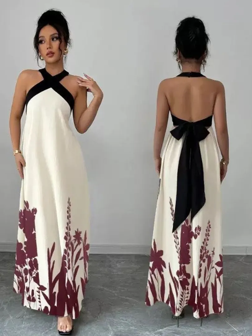 Vestido Longo Estampado com Decote Halter e Costas Abertas - foto 2