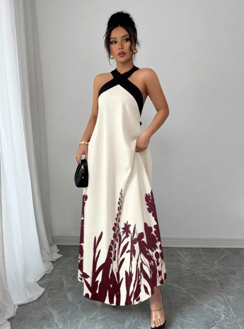 Vestido Longo Estampado com Decote Halter e Costas Abertas - foto 3