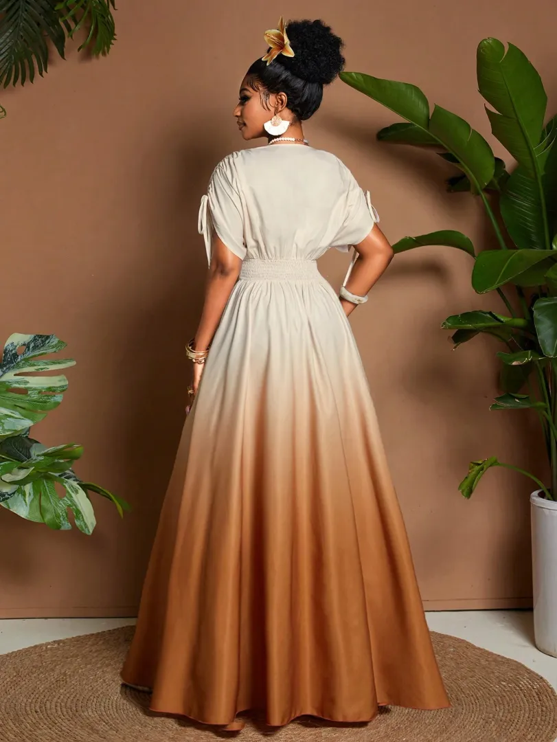 Vestido Feminino Elegante e Romântico com Estampa Degradê, Laço no Decote em V e Cintura Ajustável, Estilo Boho A-Line Longo Ideal para Passeios, Praia, Festivais, Casamentos, Formaturas e Viagens — foto 2