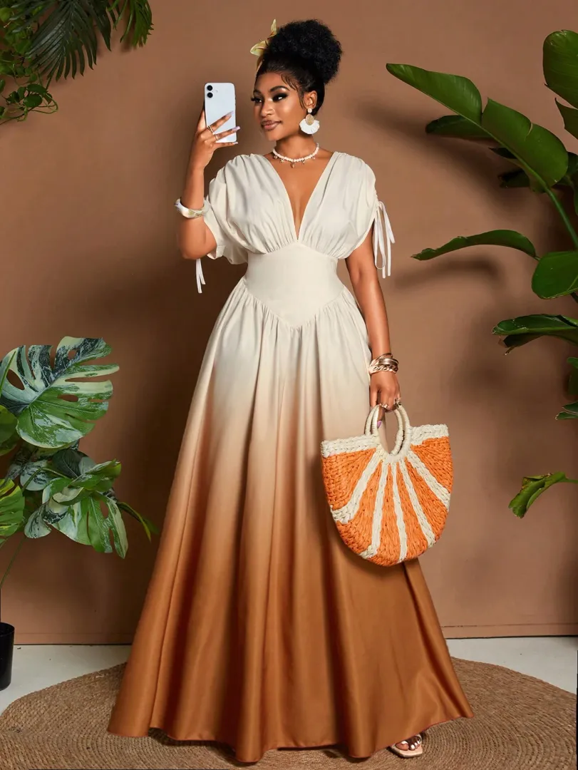 Vestido Feminino Elegante e Romântico com Estampa Degradê, Laço no Decote em V e Cintura Ajustável, Estilo Boho A-Line Longo Ideal para Passeios, Praia, Festivais, Casamentos, Formaturas e Viagens