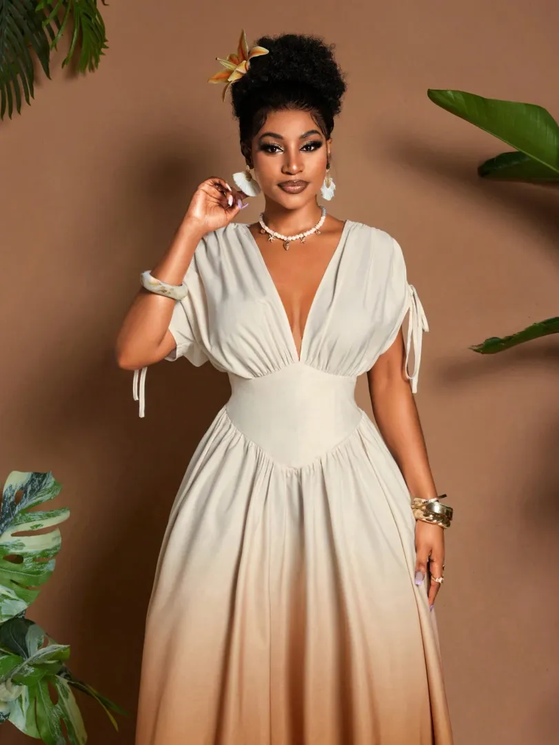 Vestido Feminino Elegante e Romântico com Estampa Degradê, Laço no Decote em V e Cintura Ajustável, Estilo Boho A-Line Longo Ideal para Passeios, Praia, Festivais, Casamentos, Formaturas e Viagens — foto 3