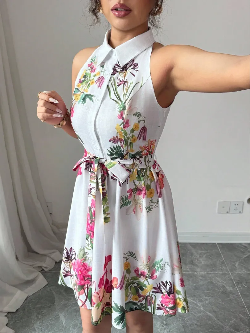 Vestido Feminino de Verão Elegante com Estampa Floral e Decote Halterneck — foto 3