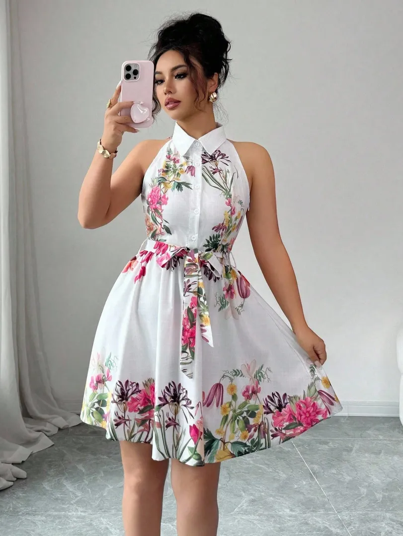 Vestido Feminino de Verão Elegante com Estampa Floral e Decote Halterneck