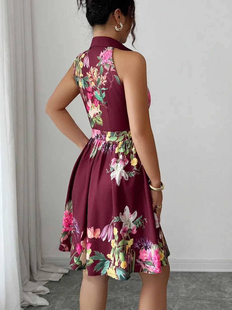 Vestido Feminino de Verão Elegante com Estampa Floral e Decote Halterneck — cor roxo