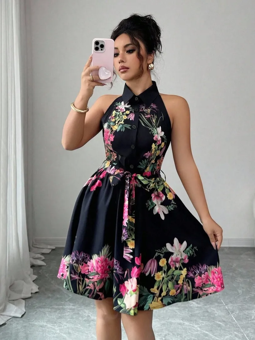 Vestido Feminino de Verão Elegante com Estampa Floral e Decote Halterneck — cor preto