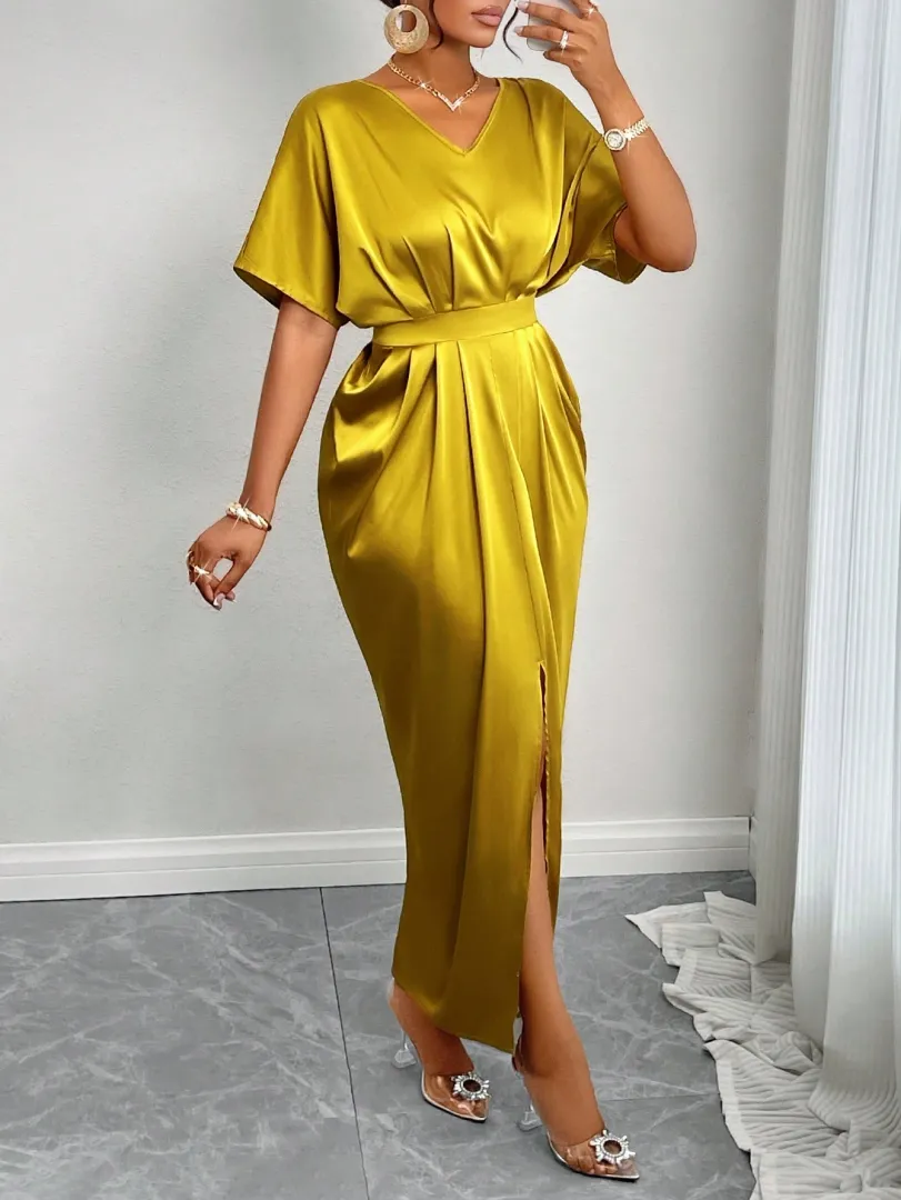 Vestido Feminino Longo de Festa em Tecido Brilhante, Ideal para Casamentos, Formaturas, Natal, Halloween, Concertos e Eventos de Inverno ou Outono — cor amarelo