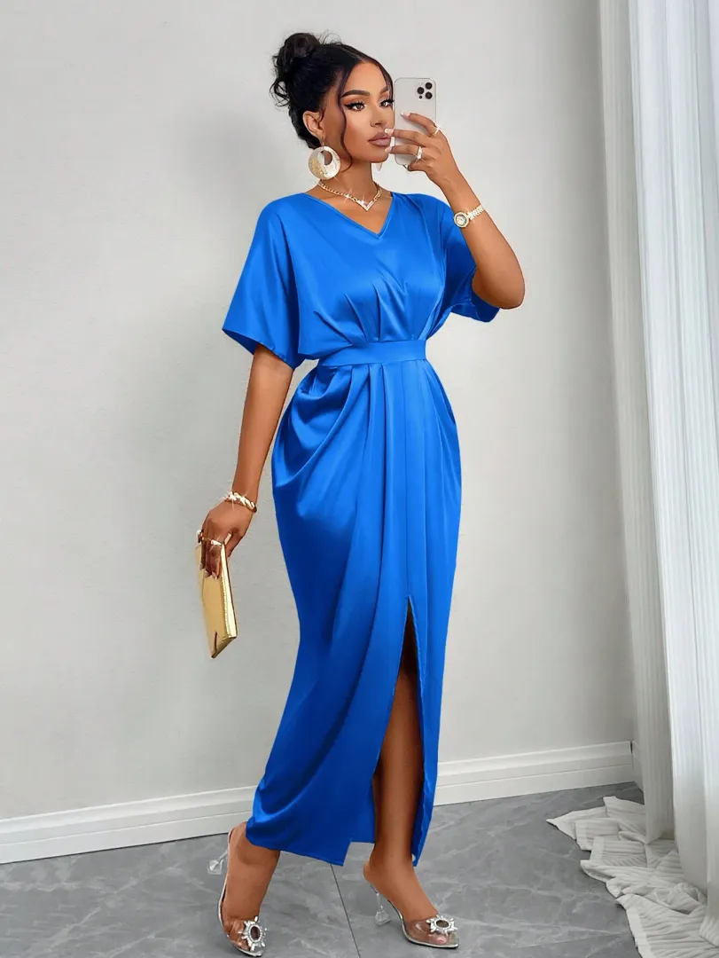 Vestido Feminino Longo de Festa em Tecido Brilhante, Ideal para Casamentos, Formaturas, Natal, Halloween, Concertos e Eventos de Inverno ou Outono — cor azul