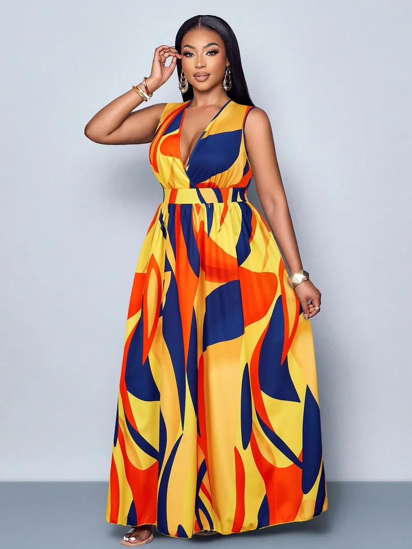 Vestido Feminino Plus Size Longo com Estampa Completa e Decote em V Profundo, Sem Mangas, Ideal para o Dia a Dia — foto 3