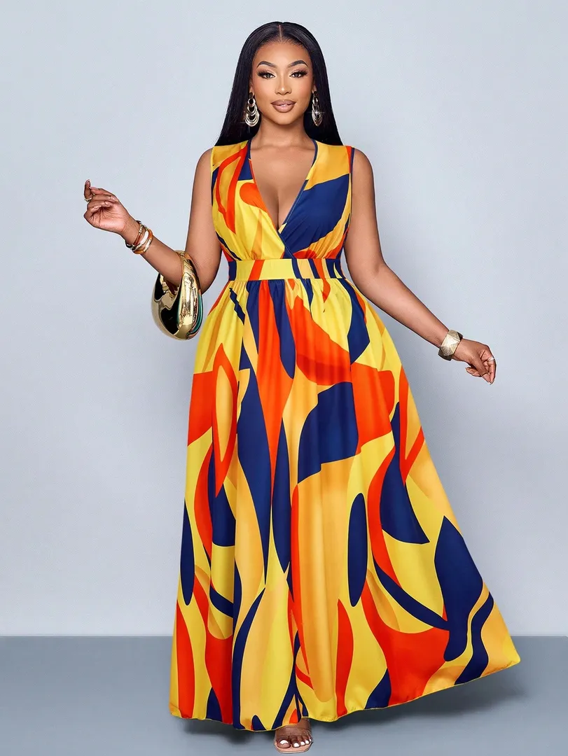 Vestido Feminino Plus Size Longo com Estampa Completa e Decote em V Profundo, Sem Mangas, Ideal para o Dia a Dia