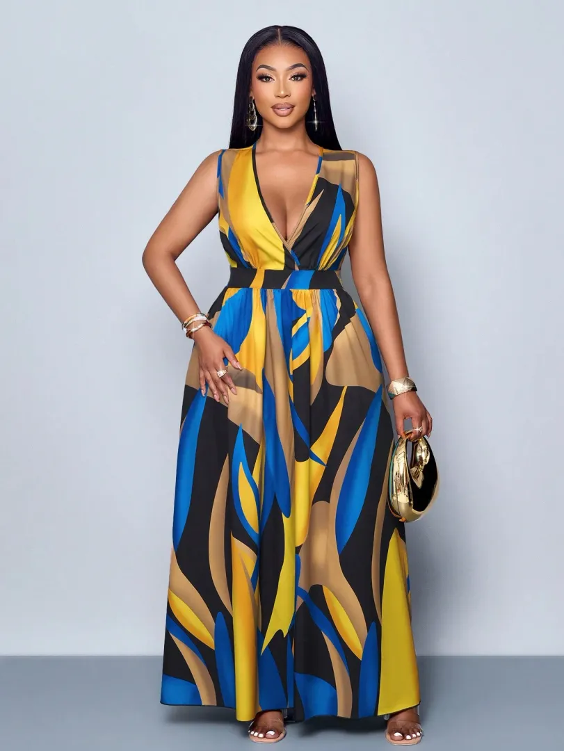 Vestido Feminino Plus Size Longo com Estampa Completa e Decote em V Profundo, Sem Mangas, Ideal para o Dia a Dia — cor azul