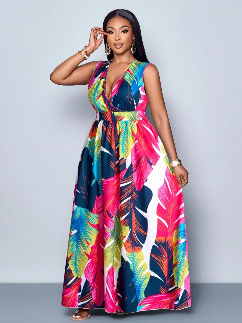 Vestido Feminino Plus Size Longo com Estampa Completa e Decote em V Profundo, Sem Mangas, Ideal para o Dia a Dia — cor rosa