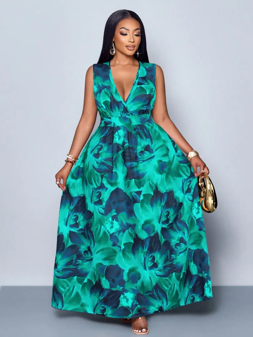 Vestido Feminino Plus Size Longo com Estampa Completa e Decote em V Profundo, Sem Mangas, Ideal para o Dia a Dia — cor verde