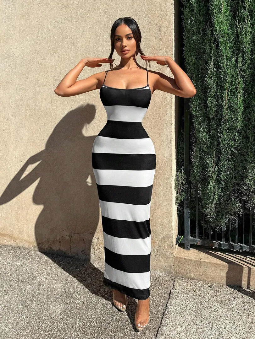 Roupa Casual De Verão Para Mulher Para Férias Decote Halter Estampado às Riscas Gravata Cruzada Costas Nuas Vestido Bodycon Maxi — foto 5