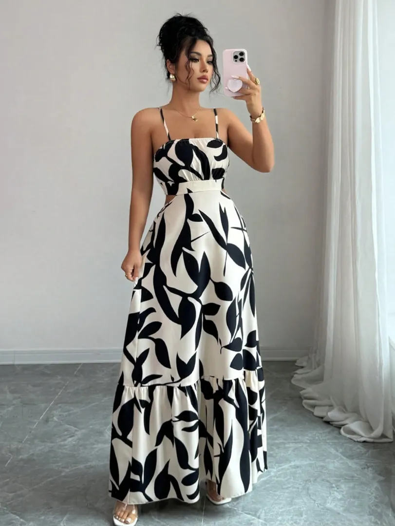 Vestido Feminino Elegante Longo com Estampa Floral e Cintura Ajustada