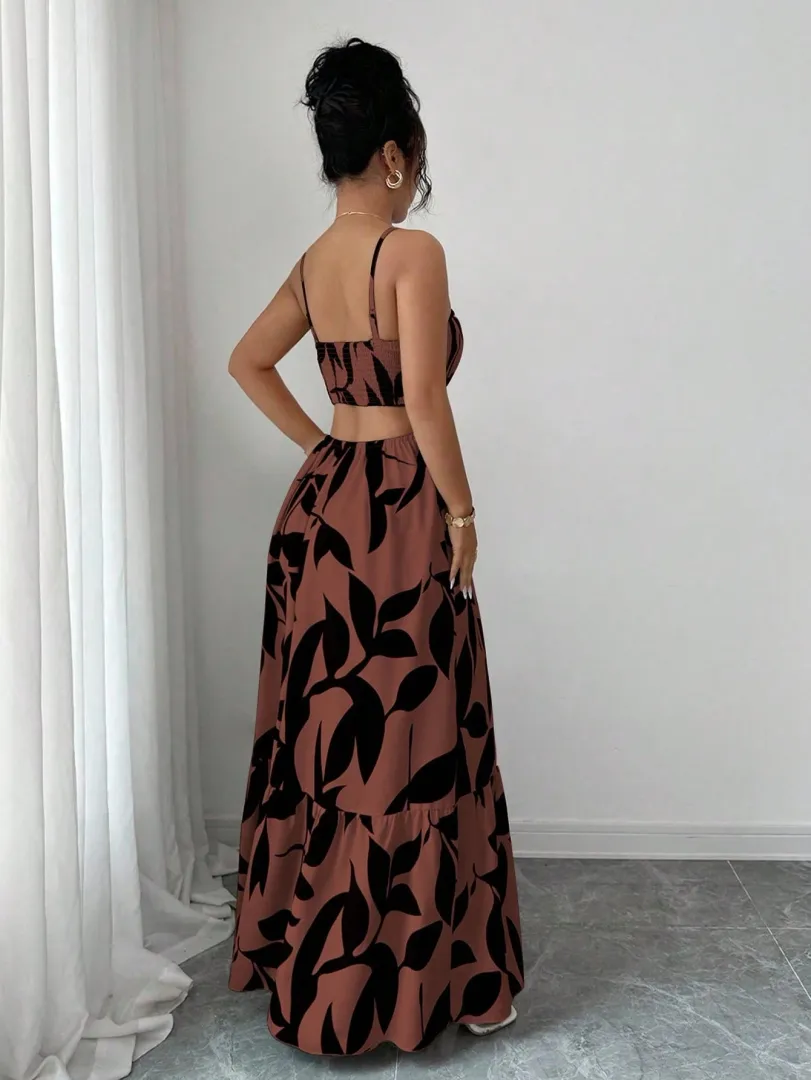 Vestido Feminino Elegante Longo com Estampa Floral e Cintura Ajustada — cor marom