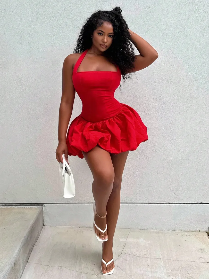 Vestido Feminino Curto de Verão com Saia em Bolha, Decote Halterneck e Costas Abertas, Estilo Sexy em Cor Sólida, Ideal para o Ano Novo — foto 4