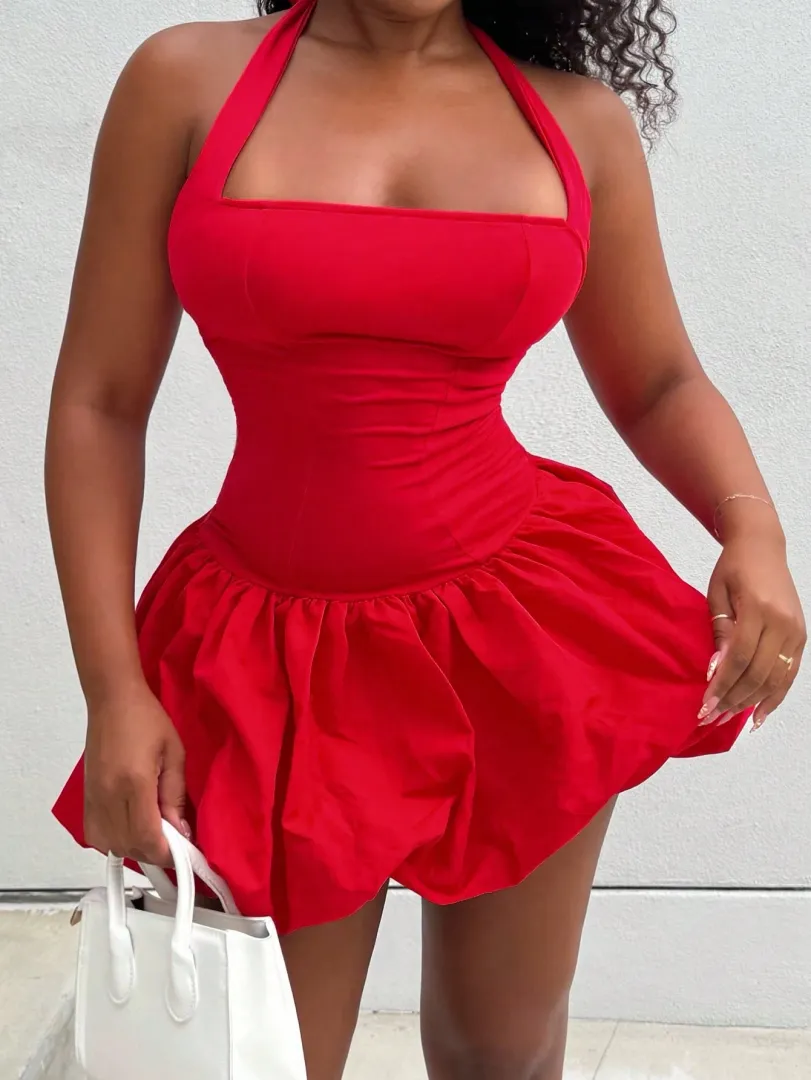 Vestido Feminino Curto de Verão com Saia em Bolha, Decote Halterneck e Costas Abertas, Estilo Sexy em Cor Sólida, Ideal para o Ano Novo — foto 2